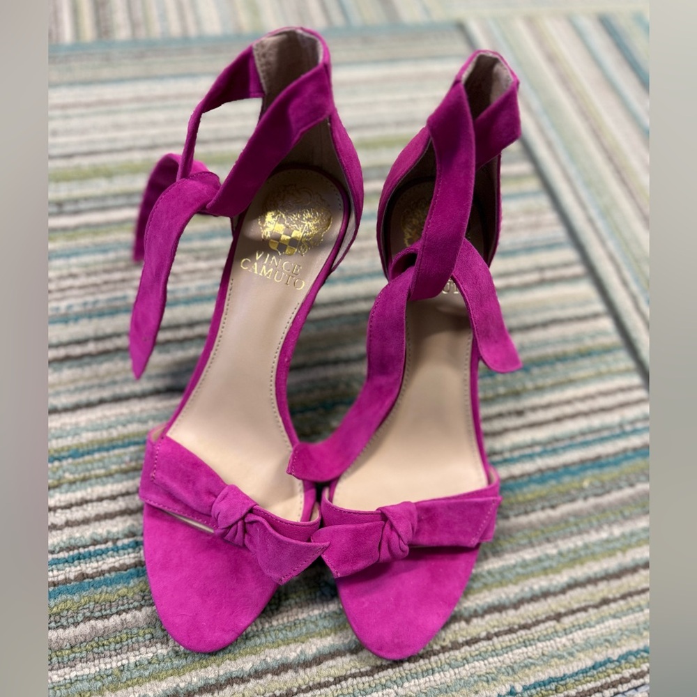 Vince Camuto Fuchsia Suede Bow Heels Ankle Wrap Stiletto Sandals 6.5 - Picture 6 of 10